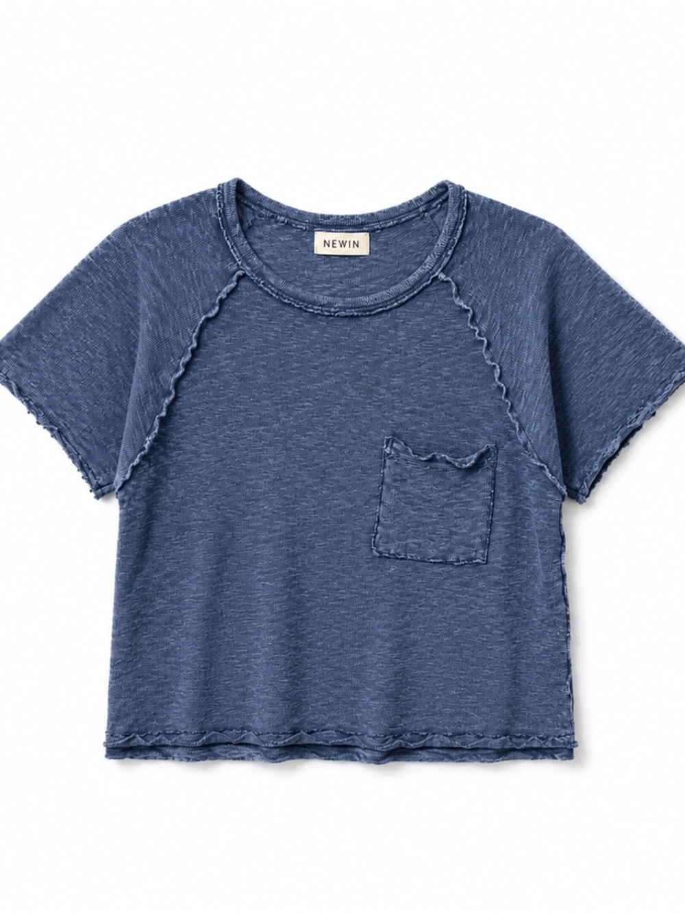 NEWIN Blue Slub Knit Raw Edge PocketT Short Sleeve 100% Cotton Relaxed Top S
